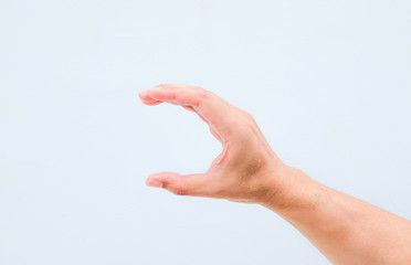 hand hold card, credit, blank paper or other isolated on white background. Female hand showing empty space for your choice