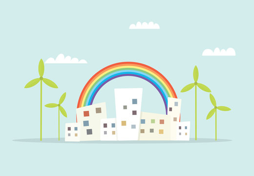 cartoon city with rainbow and windmills