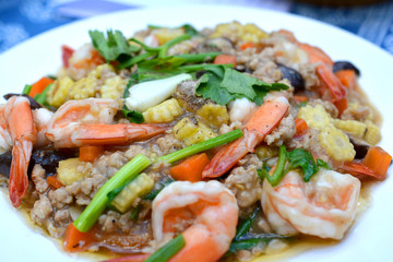 Stir fried tofu with minced pork and shrimp Selective focus.