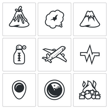 Vector Set of Volcano Icons. Eruption, Smoke, Hill, Temperature, Plane, Seismic, Location, Monitoring, Crater.