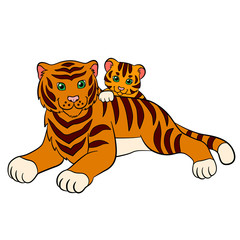 Fototapeta na wymiar Cartoon wild animals for kids: Tiger. Mother tiger lays with her little cute baby tiger.