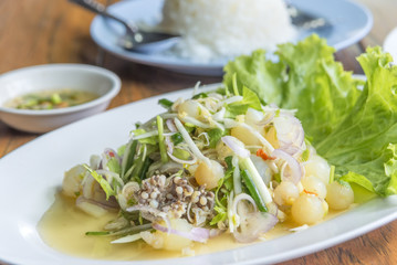 Hot and spicy fish eggs spawn of Giant catfish, Giant sea catfish, Giant salmon catfish or Netuma thalassina with Thai herb it is the delicious food of Thailand.