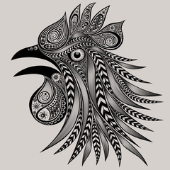 Screaming rooster with patterns. New year 2017