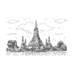 Wat Arun Temple in Bangkok, Thailand. Sketch by hand. Vector illustration