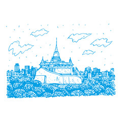 The Golden Mount at Wat Saket in Bangkok, Thailand. Sketch by hand. Vector illustration