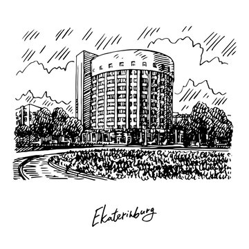The hotel "Iset" in Yekaterinburg, Russia. Architectural dominant of the Chekist Town Complex. Sketch by hand. Vector illustration