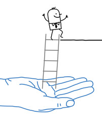 Big hand and cartoon businessman - help and ladder
