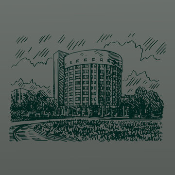 The hotel "Iset" in Yekaterinburg, Russia. Architectural dominant of the Chekist Town Complex. Sketch by hand. Vector illustration