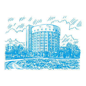 The hotel "Iset" in Yekaterinburg, Russia. Architectural dominant of the Chekist Town Complex. Sketch by hand. Vector illustration