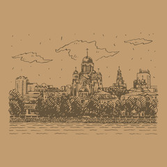 View of the Church on the Blood on the embankment of the pond in Yekaterinburg, Russia. Sketch by hand. Vector illustration