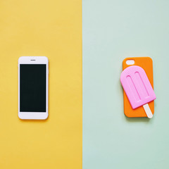 Popsicle case for smart phone on colorful background, minimal de