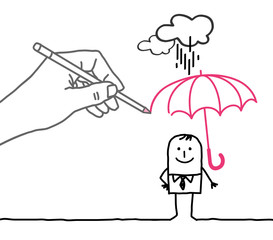Drawing big hand and cartoon character - rain protection