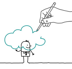 Drawing big hand and cartoon businessman - in the Cloud