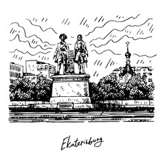 View of the Labor Square, Yekaterinburg, Russia. Saint Catherine's chapel and monument of Vasily Tatishchev and William de Gennin. Sketch by hand. Vector illustration