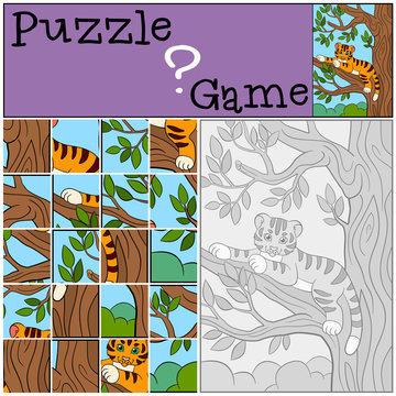 Education games for kids. Puzzle. Little cute tiger on the tree branch.