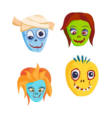 Zombie head cartoon monster character scary flat vector illustration. Zombie head character face and zombie head smile spooky man. Portraip of cartoon moster blue zombie vector. Halloween kids style