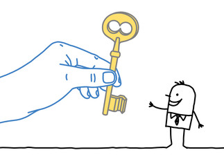 Big hand and cartoon businessman - giving the key