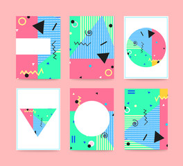 Set of Memphis Style Cards. Typography for Postcards, Banners, Reports, Posters. Covers for Books, Magazines, Invitations. Bright Color Background. Vector Illustration.