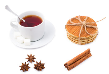 Breakfast. Tea and wafers on a