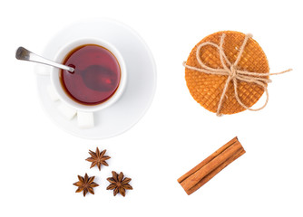 Breakfast. Tea and wafers on a