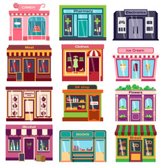 Set of vector flat design restaurants and shops facade icons. Includes bakery, pharmacy, electronics store, ice cream shop, book shop facade, butcher shop, trendy clothing store, jewelry store facade.