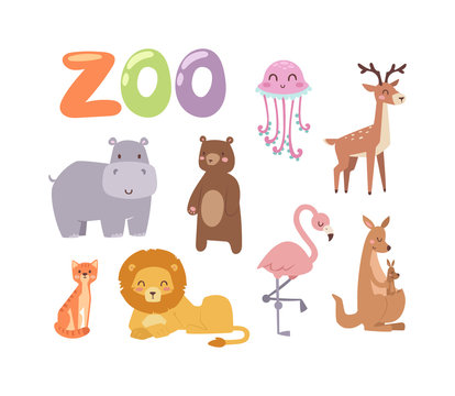 Vector zoo animals. Many different animals baby panda, sea whale, beautiful octopus, large buffalo, horned goat. Zoo animal character jungle wildlife safari collection and cartoon cute animals.