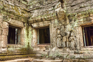 Fototapeta na wymiar Angkor Prohm Khmer ancient Buddhist temple in jungle forest. Famous