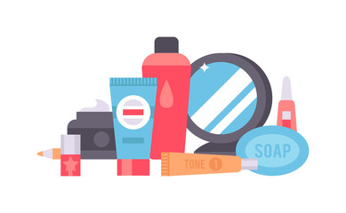 Beauty cosmetic and makeup icons. Cosmetics icons makeup bottle collection. Vector set of cosmetics female icons mirror cream comb powder fashion nail polish cosmetics. Make up hygiene skin set.