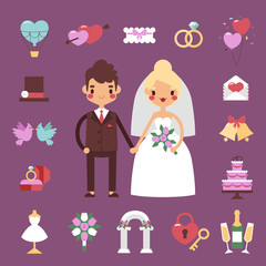 Traditional bride groom wedding icons set with engaged couple and bridal party accessories isolated. Vector illustration bride groom wedding love couple marriage dress. Groom wedding symbols.