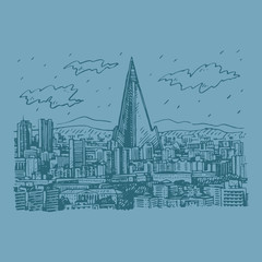 View of the Pyongyang, the capital of North Korea. Ryugyong Hotel on the skyline. Sketch by hand. Vector illustration