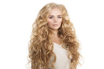 Naklejka premium Model with long hair Blonde Waves Curls Hairstyle Hair Salon Upd