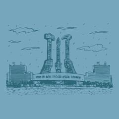 The Monument to Party Founding in Pyongyang, North Korea. The hammer, sickle and calligraphy brush symbolize the workers, farmers and intellectuals. Sketch by hand. Vector illustration.