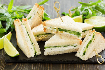 Vegetarian sandwich with cucumber and cream cheese.