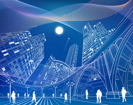 Big bridge, night city on background, industrial and infrastructure illustration, white lines landscape, people walk on the square, neon town, wave lines, vector design art