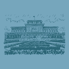 Kumsusan palace of the sun in Pyongyang, North Korea. Sketch by hand. Vector illustration.