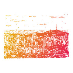 Seoul City Skyline and N Seoul Tower in Seoul, South Korea. Sketch by hand. Vector illustration
