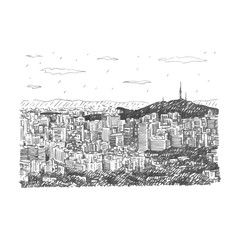 Seoul City Skyline and N Seoul Tower in Seoul, South Korea. Sketch by hand. Vector illustration
