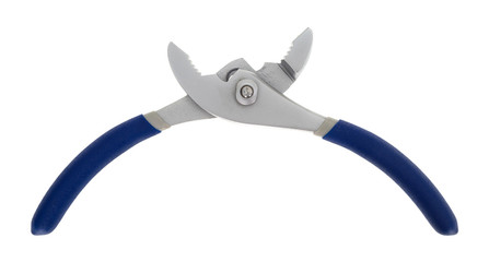 Blue handle grip pliers on a white background opened.