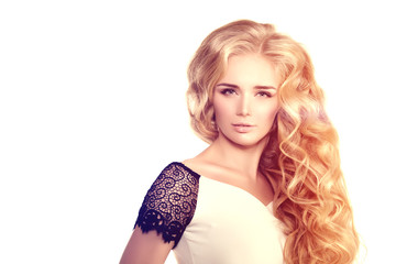 Naklejka premium Model with long hair Blonde Waves Curls Hairstyle Hair Salon Upd