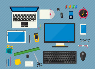 Vector multicolored computer devices, stationery and office objects