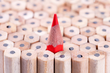 One sharpened red pencil among many ones