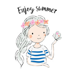 Cute girl with butterfly on the white background. Hand drawn vector illustration. Print for tee shirt with message Enjoy summer.