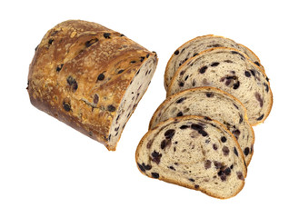 Slices of blueberry streusel bread on a white background.
