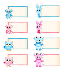 Set animal blank template for text. Cow, owl, rabbit, bear. Blue and pink. Baby invitation. Vector illustration