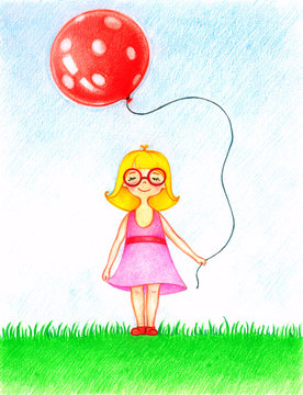 Hand drawn illustration of girl in pink dress standing on lawn with  red balloon by the color pencils