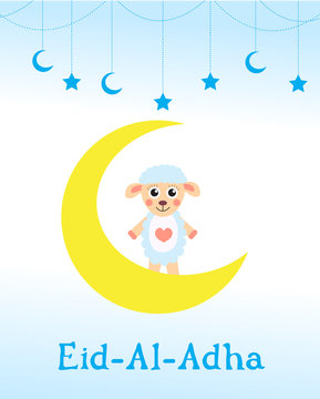 Eid al adha card children greeting. Muslim holiday. vector illustration