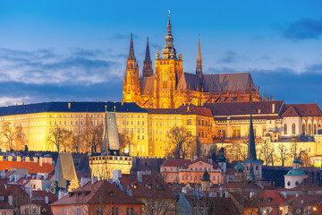 Fototapeta premium Prague Castle and Mala Strana or Little Quarter during twilight blue hour, Prague, Czech Republic.