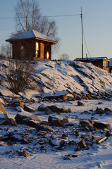 Winter landscape in Karelia. Shore of lake Ladoga