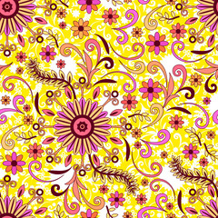 Abstract Seamless Background with Symbolical Colorful Patterns and Floral Ornaments. Vector