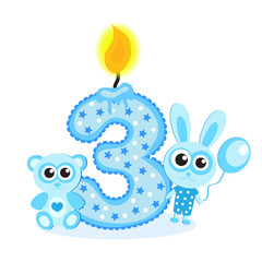 Happy Third Birthday Candle and Animals Isolated on white. The number three. Blue card for boy